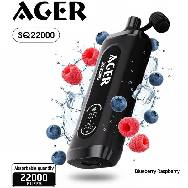 Ager SQ22000 vape device with blueberries and raspberries on a white background
