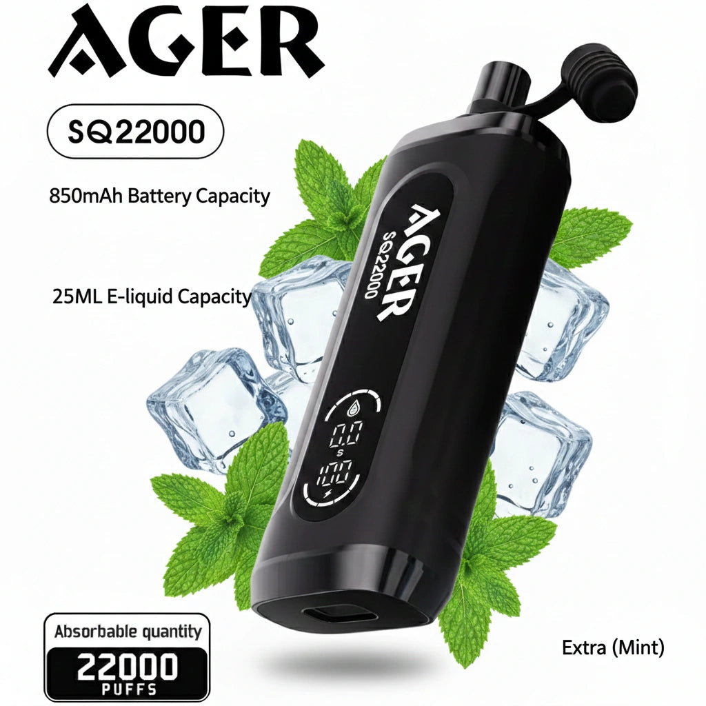 Black vape device with AGER branding and mint leaves on a white background