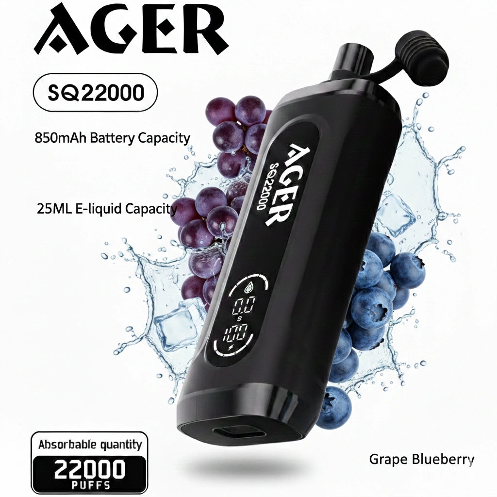 Ager SQ22000 vape device with grape and blueberry graphics on a white background