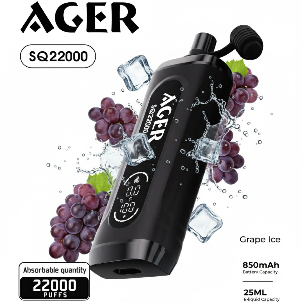 Ager SQ22000 vaping device with grapes and ice cubes on a white background