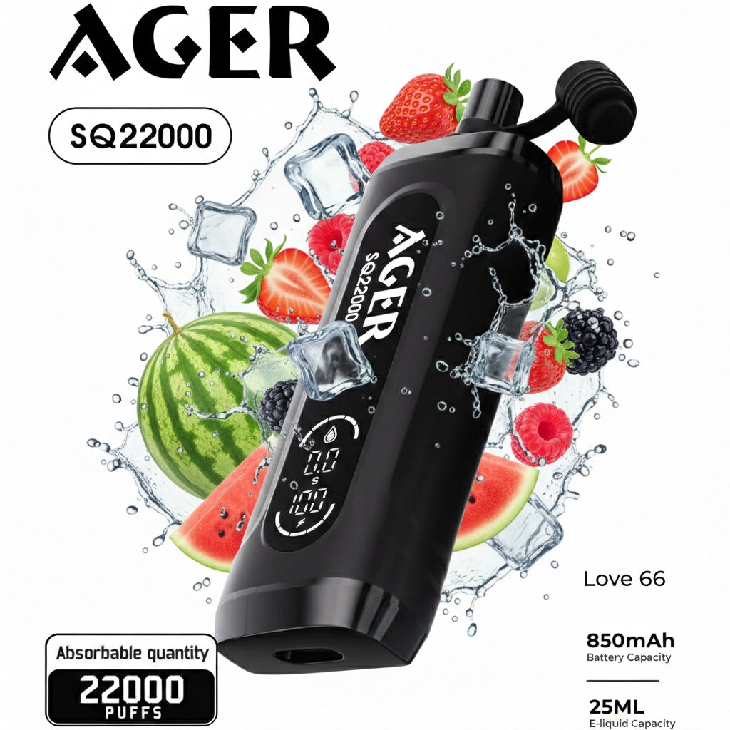 Black vape device with fruit and ice graphics on a white background, featuring the brand 'AGER'.