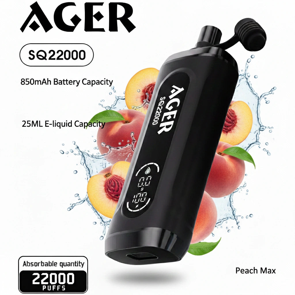 Ager SQ22000 vape device with peach-themed design on a white background