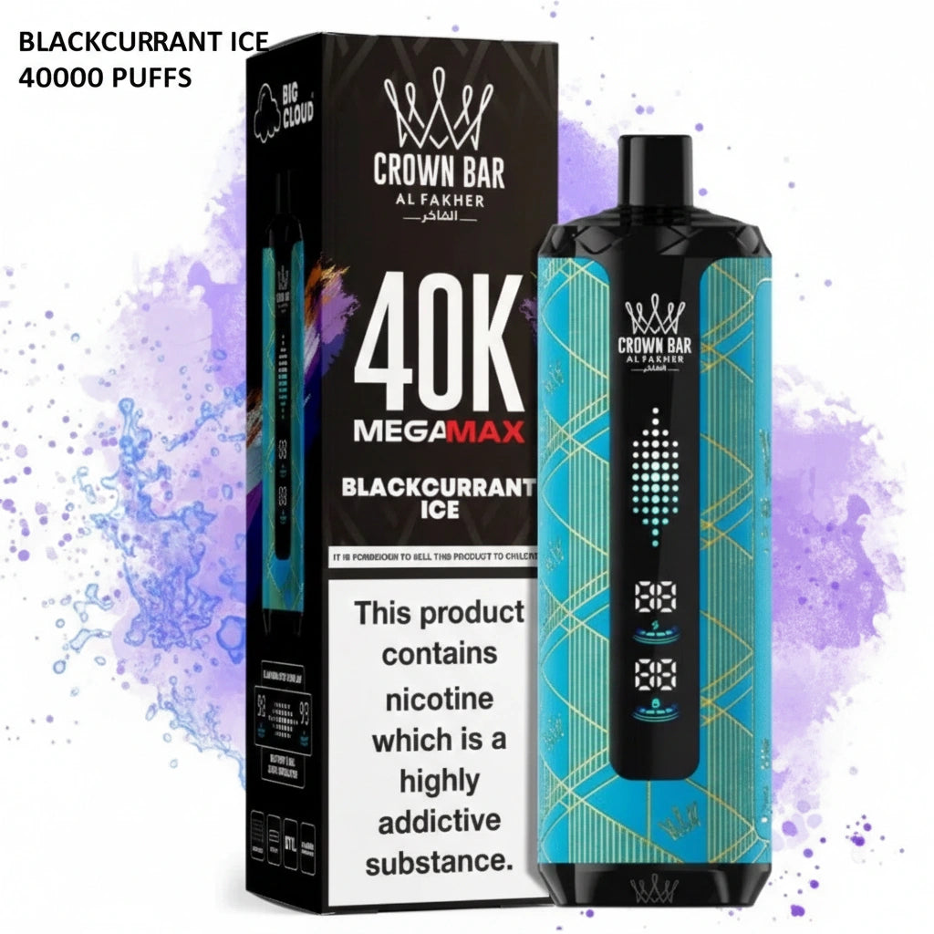 Crown Bar vape device and packaging with '40K MegaMax Blackcurrant ice flavor