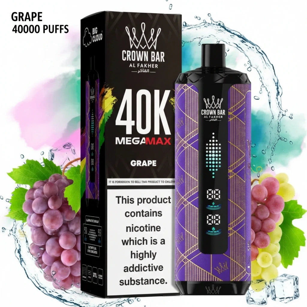 Crown Bar Al Fakher vape device and packaging with grape flavor on a colorful background