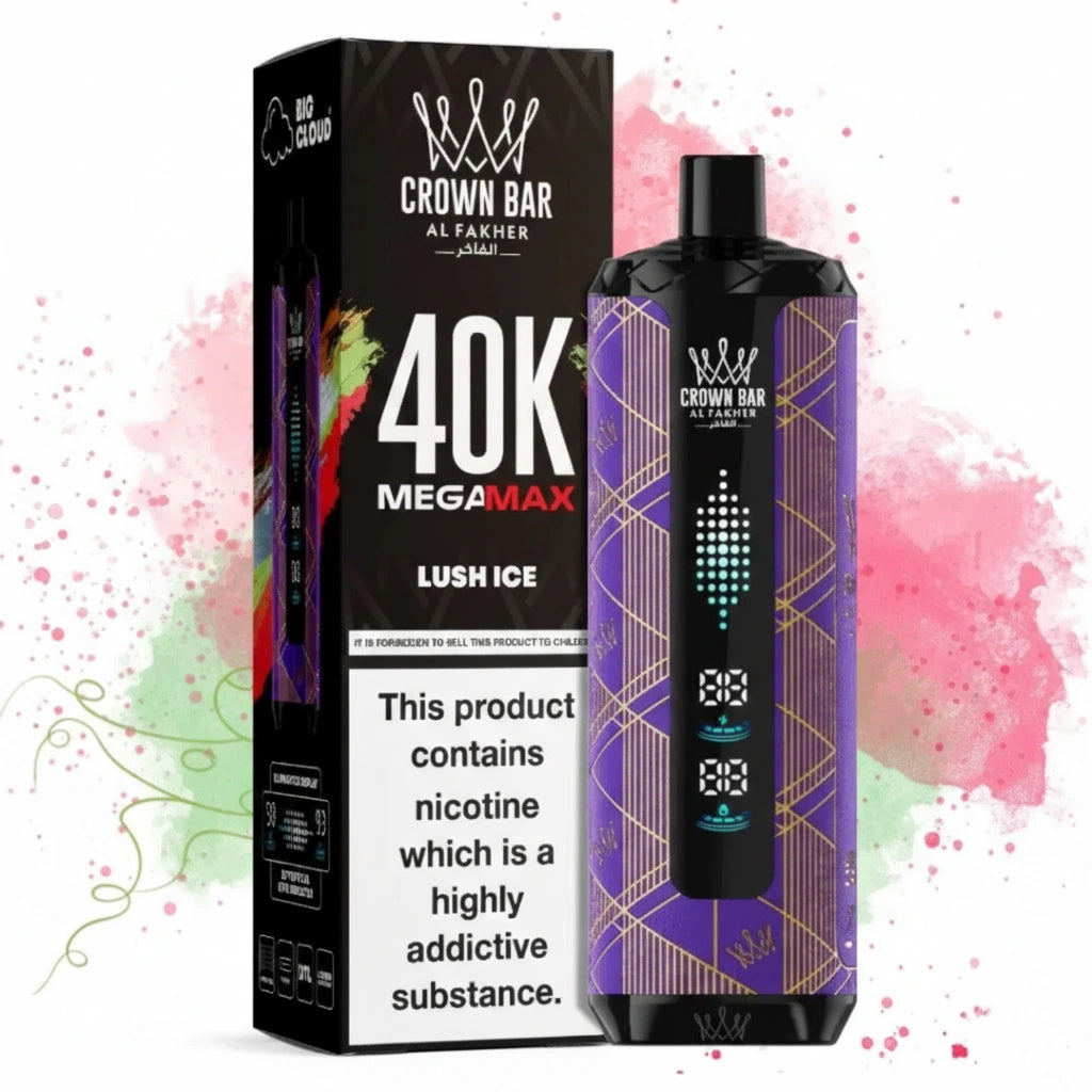 Vape device and packaging with 'Crown Bar Al Fakher' branding on a colorful background