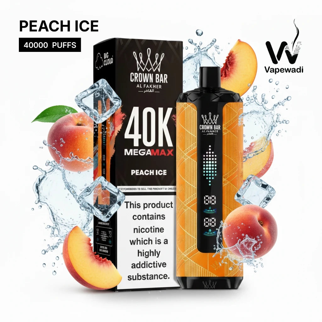 Crown Bar 40K MegaMax vape device and packaging with peach ice flavor on a white background.