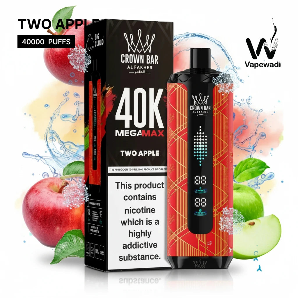 Vape device and packaging with 'Crown Bar' branding and nicotine warning on a white background.