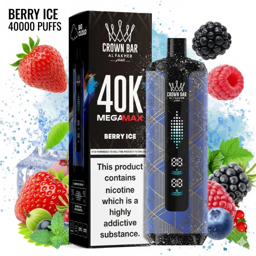 Crown Bar vape device and packaging with berry ice flavor on a colorful background