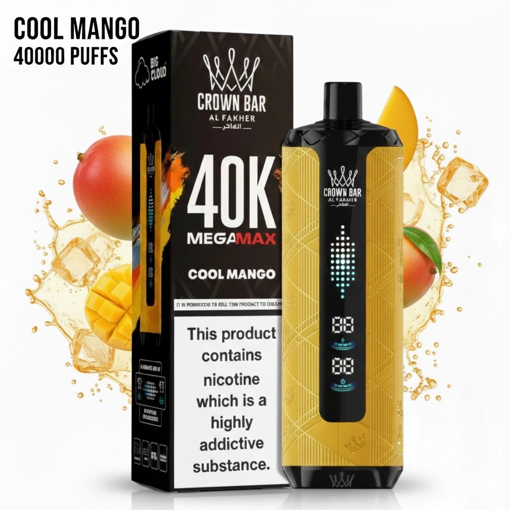 Crown Bar vape device and packaging with 'Cool Mango' flavor on a white background