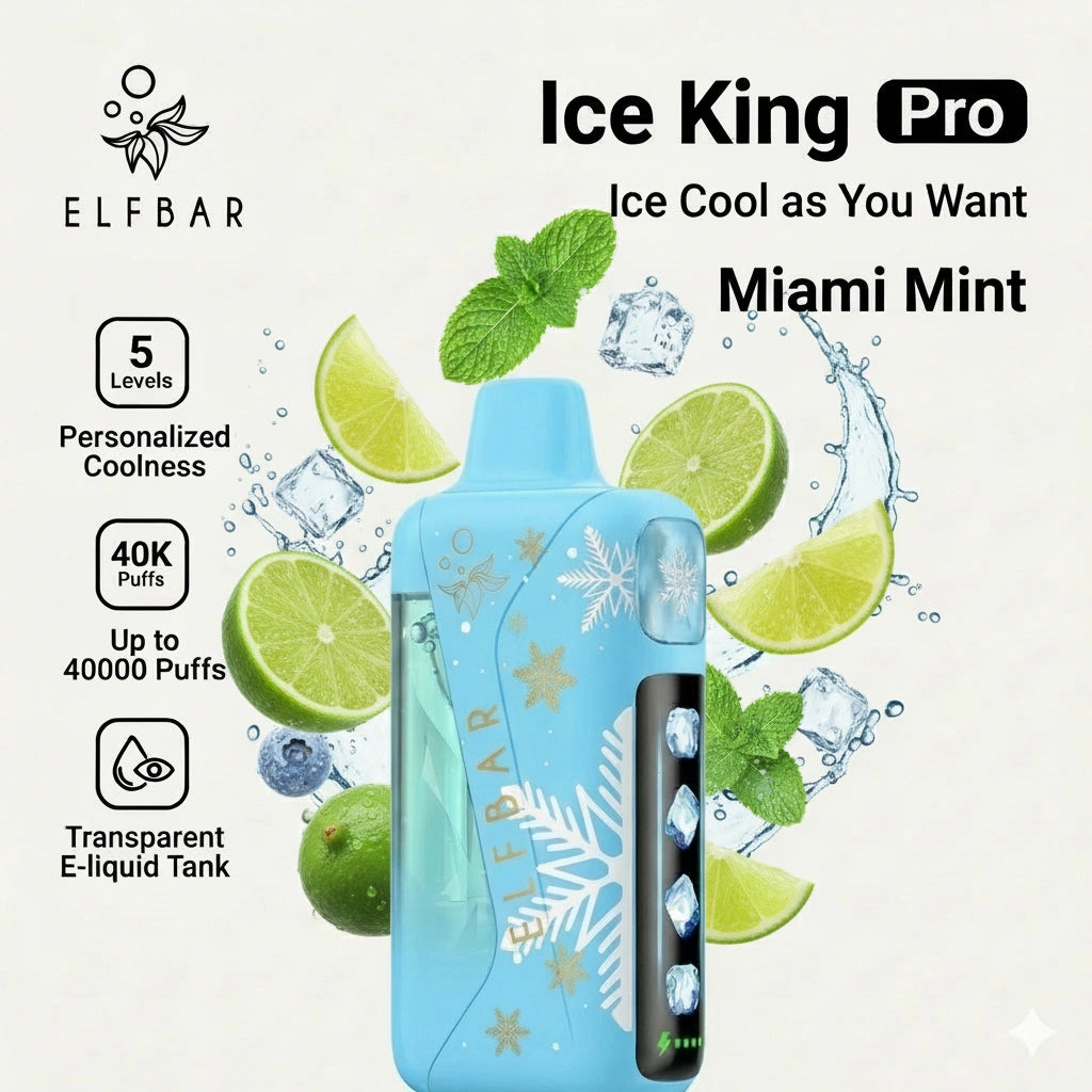 Elfbar Ice King Pro Miami Mint vape device with mint leaves and lime slices on a white background