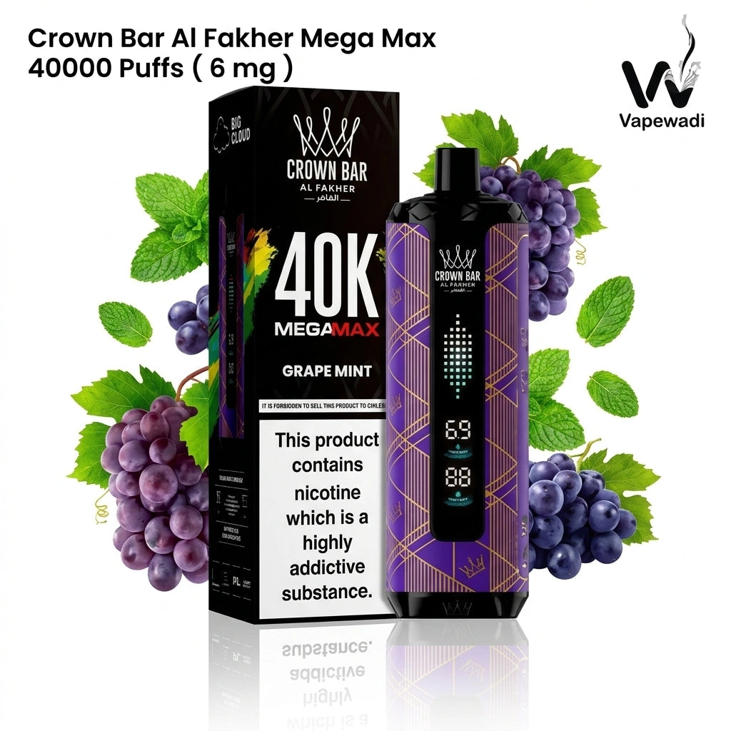 Crown Bar Al Fakher Mega Max vape device with packaging and grapes on a white background