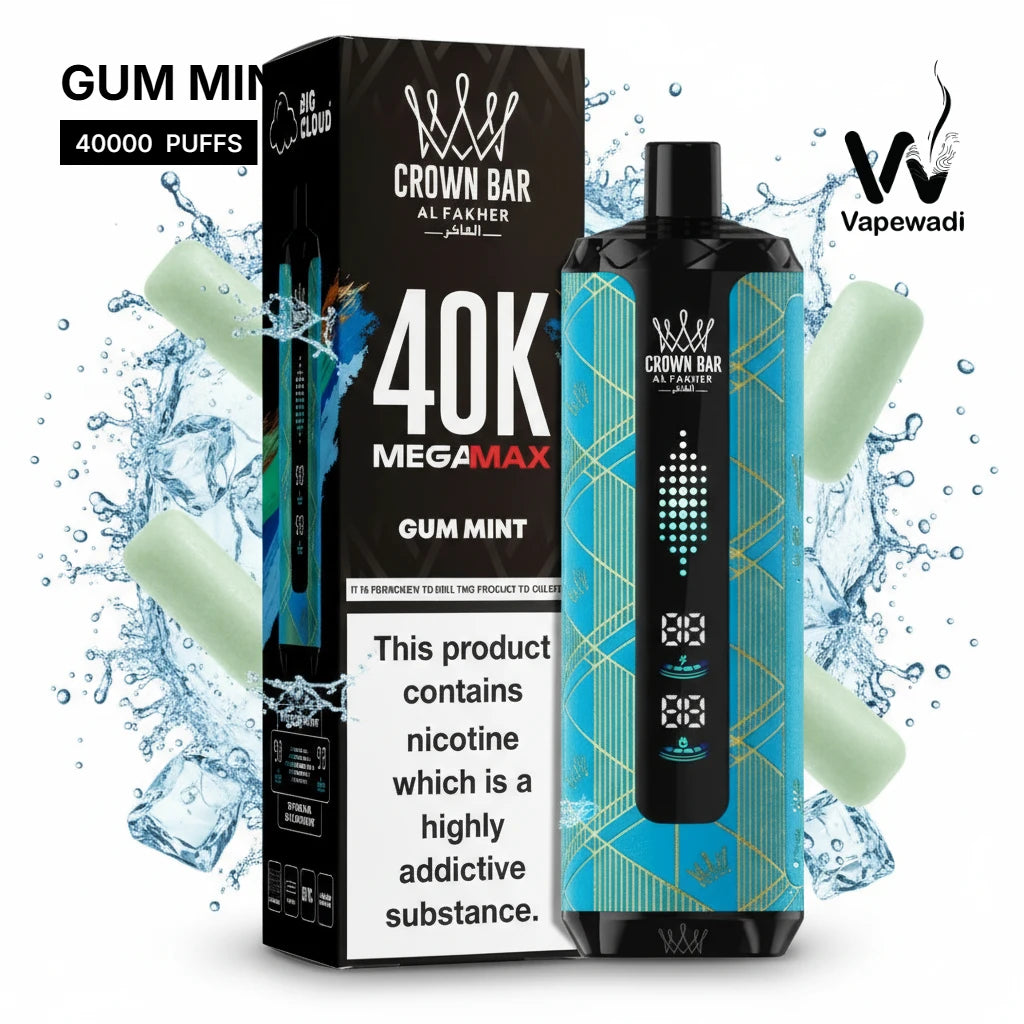 Crown Bar vape device and packaging with '40K Mega Max' and 'Gum Mint' flavor on a white background.