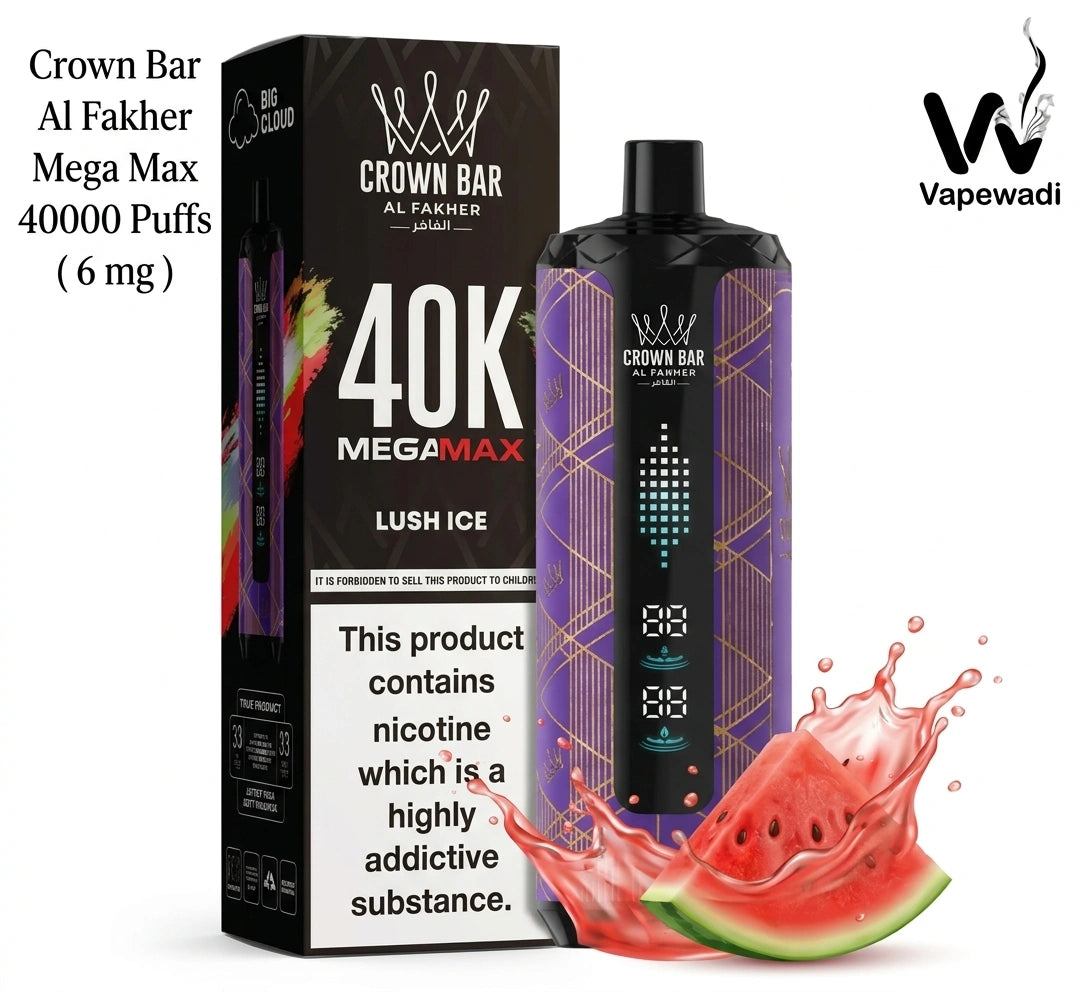 Crown Bar vape device and packaging with watermelon illustration on a white background