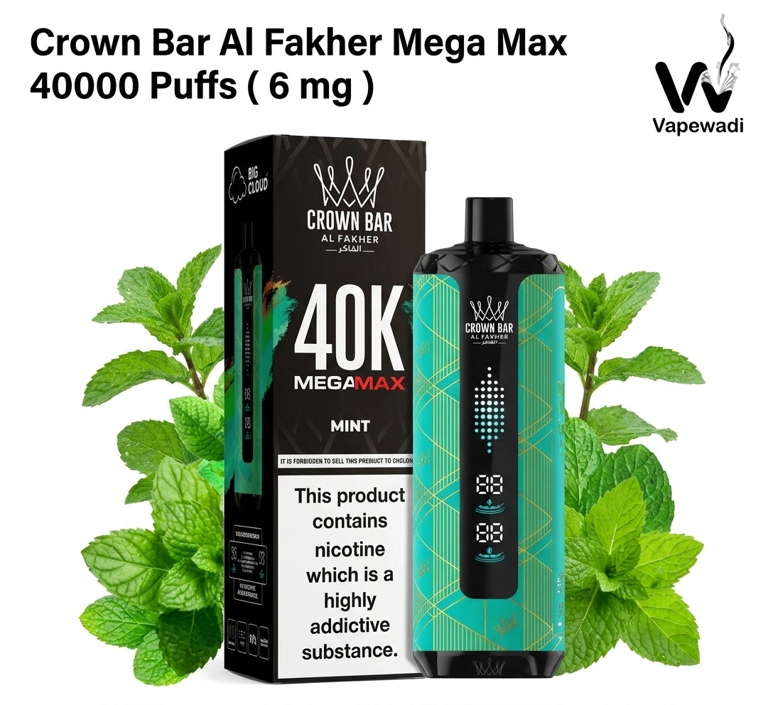 Crown Bar Al Fakher Mega Max vape device with packaging and mint leaves on a white background