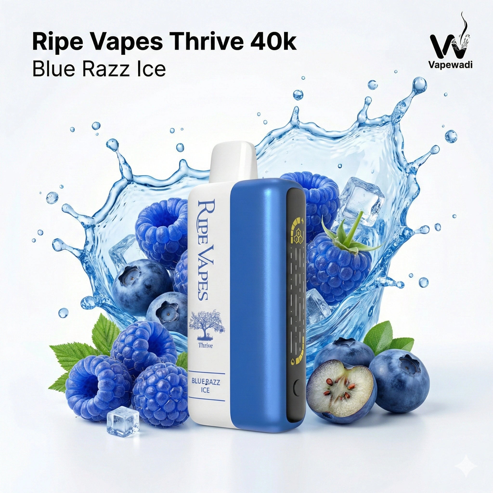 Ripe Vapes Thrive 40k Blue Razz Ice vape device with blueberries Get your order Today in Riyadh 