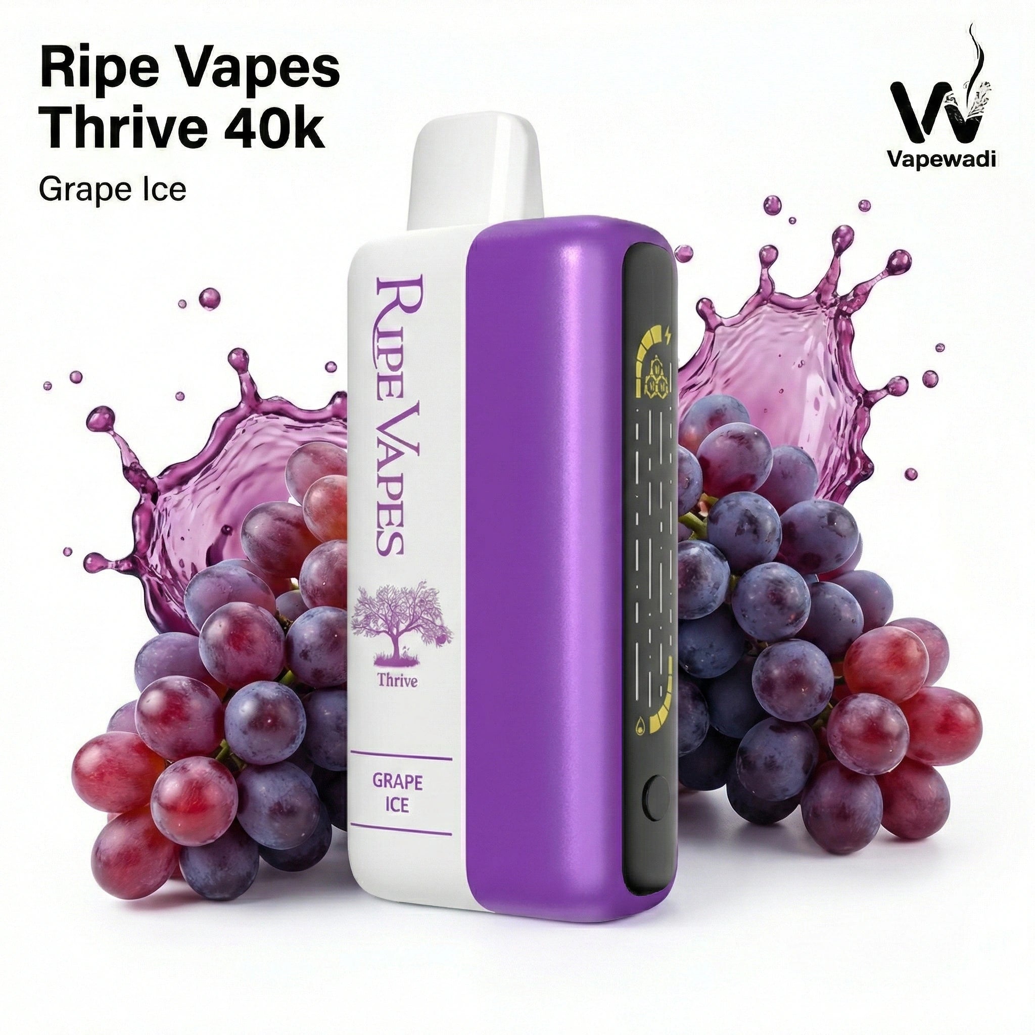 Ripe Vapes Thrive 40k Grape Ice vape device with grapes and grape juice splash Same Day Delivery in Riyadh