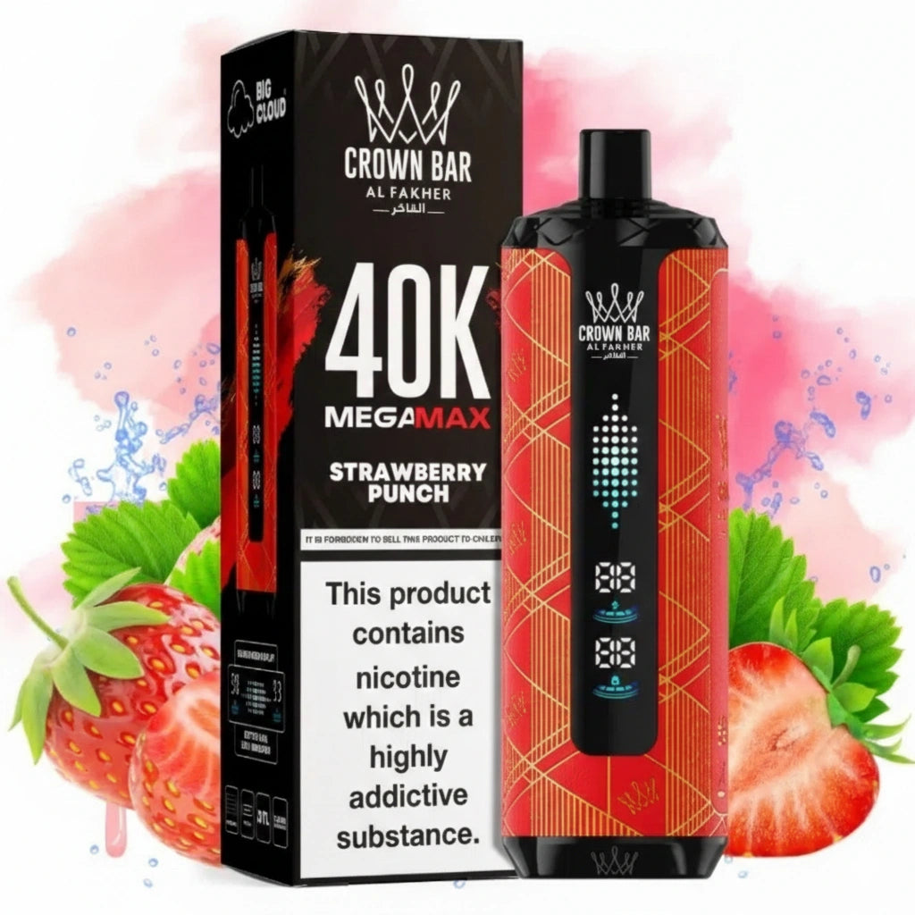 Crown Bar vape device and packaging with strawberry punch flavor on a colorful background